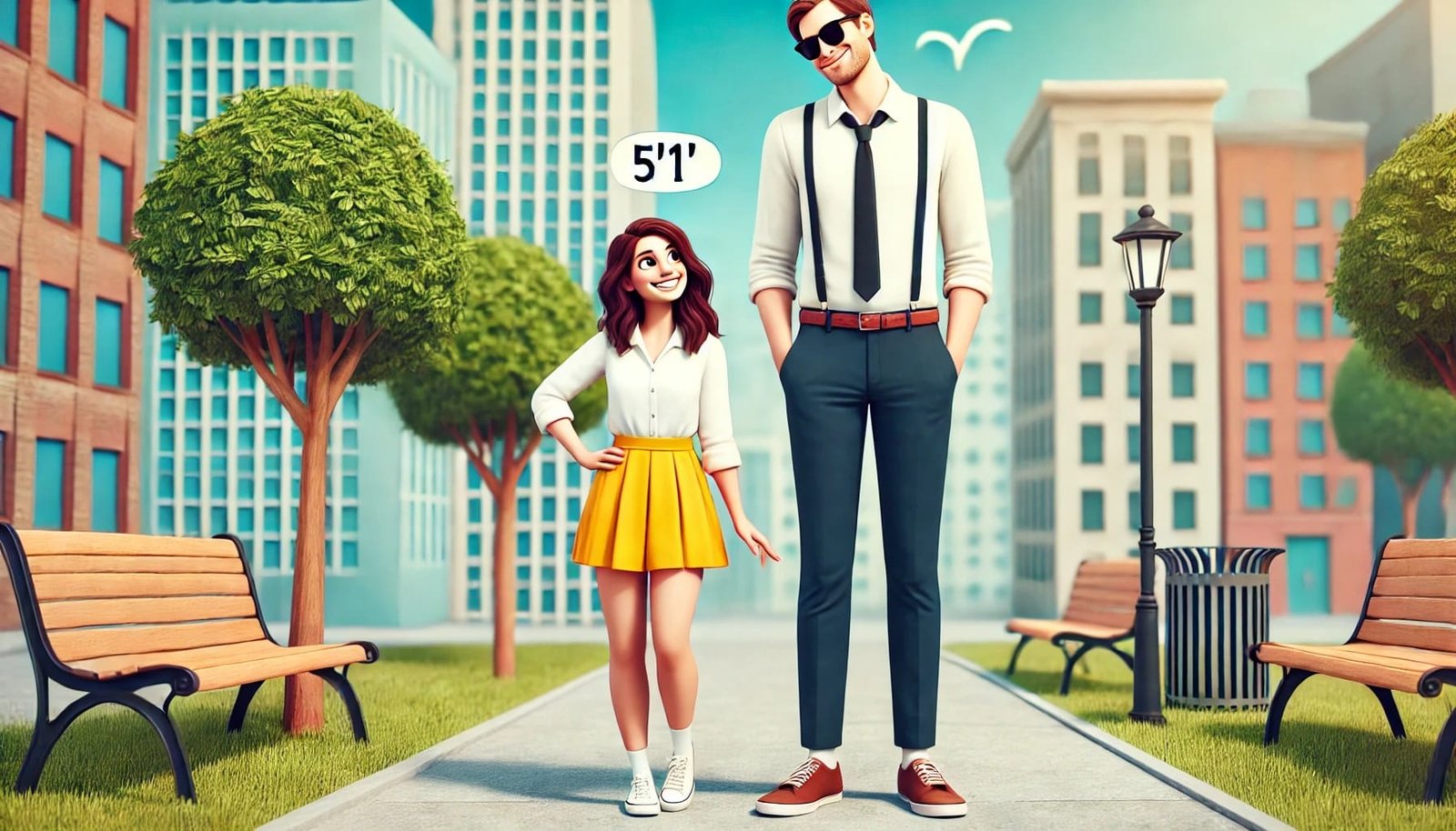 A short woman standing confidently next to a much taller man, both smiling and enjoying their connection despite the height difference, set in a light-hearted outdoor scene