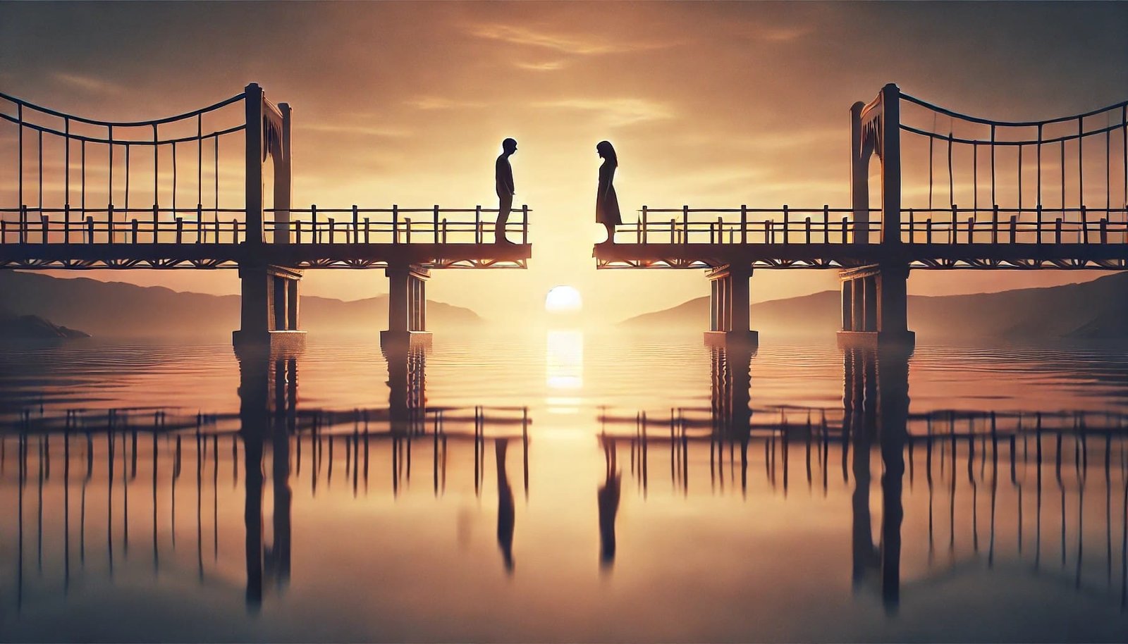 Two figures on a bridge at sunset, symbolizing emotional distance and connection in relationships.