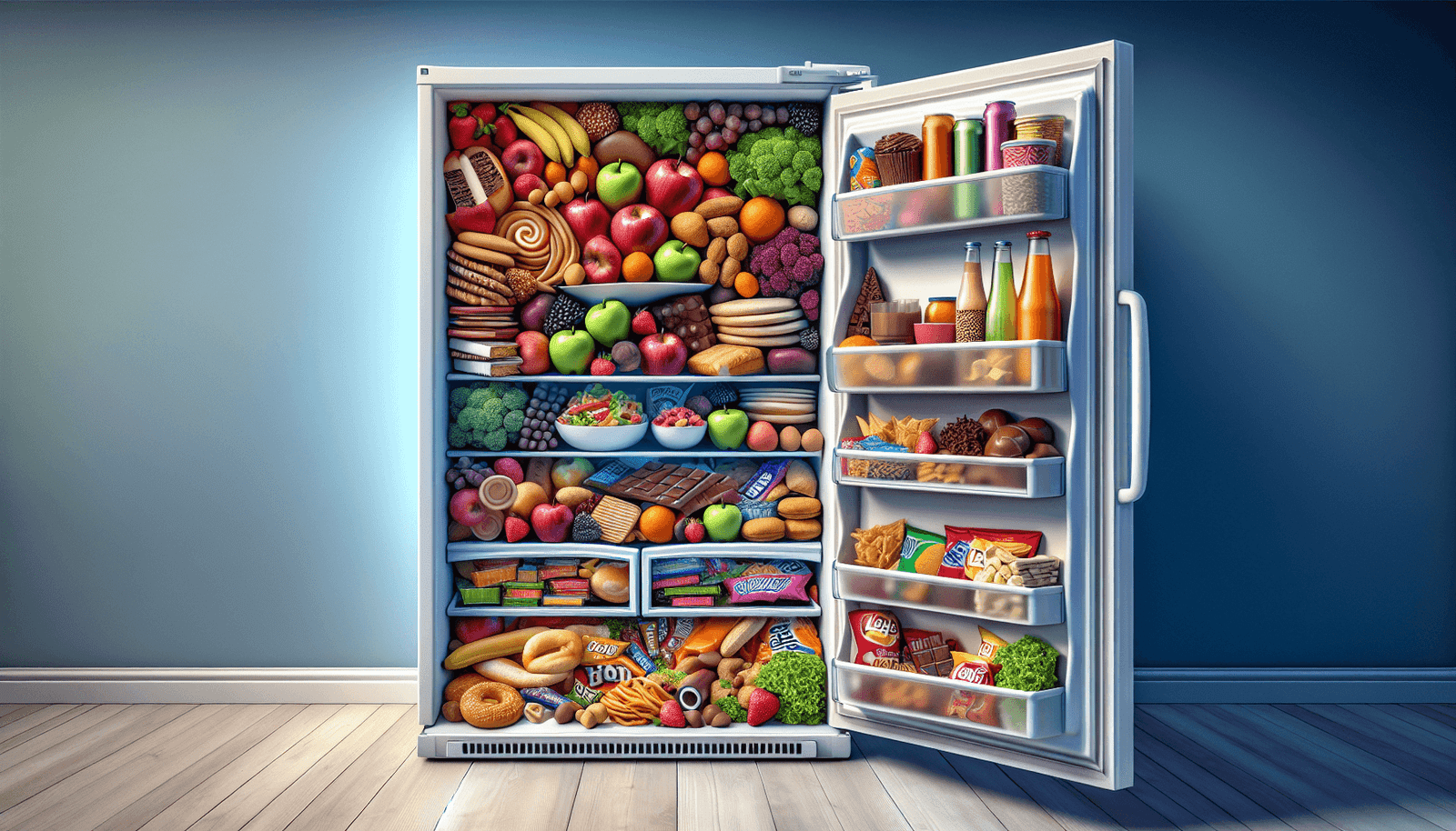 A refrigerator peeking out from behind a door, stuffed with snacks and treats, hinting at the delicious secrets it holds.