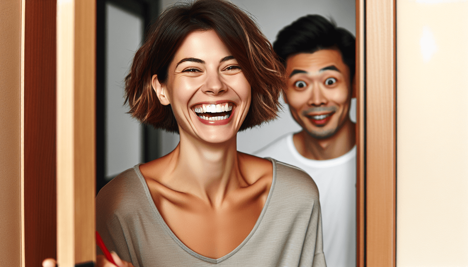Woman laughing brightly as her ex-boyfriend returns unexpectedly.