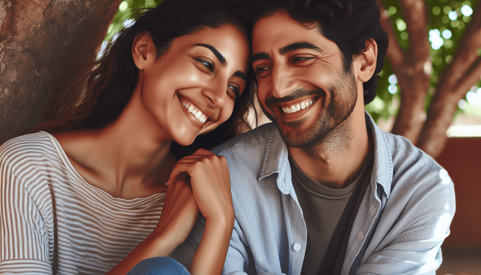 Couple enjoying a romantic moment while engaging in deep conversation, looking blissful and connected.