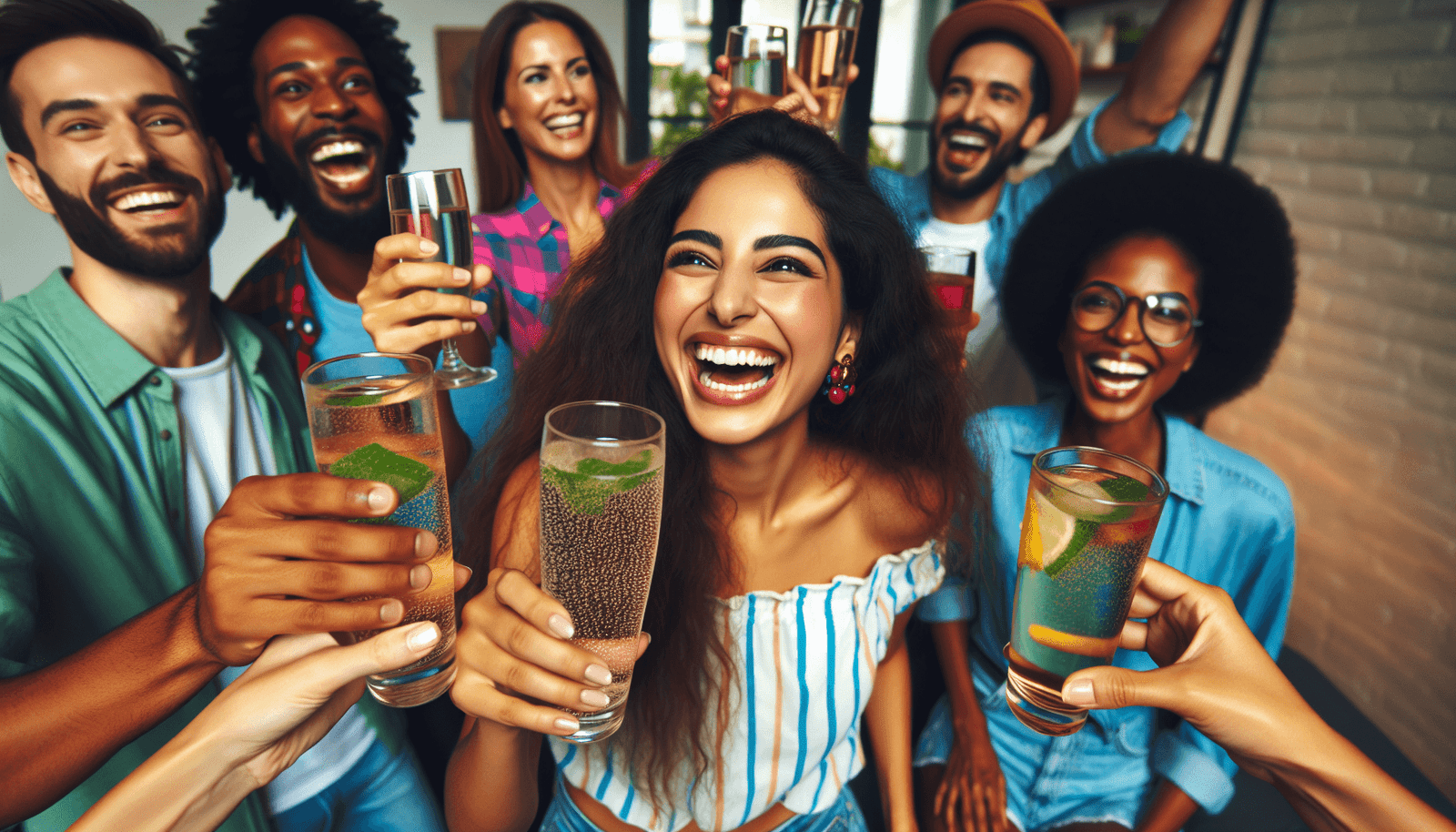 A cheerful young woman raising her glass of sparkling water at a vibrant party, surrounded by friends toasting with colorful cocktails, showcasing the joy of socializing without alcohol.