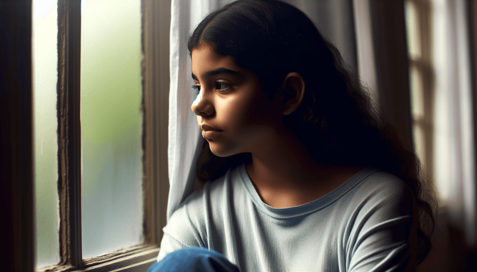 A young girl contemplating her thoughts while gazing out a window, symbolizing reflection and growth in difficult familial relationships.
