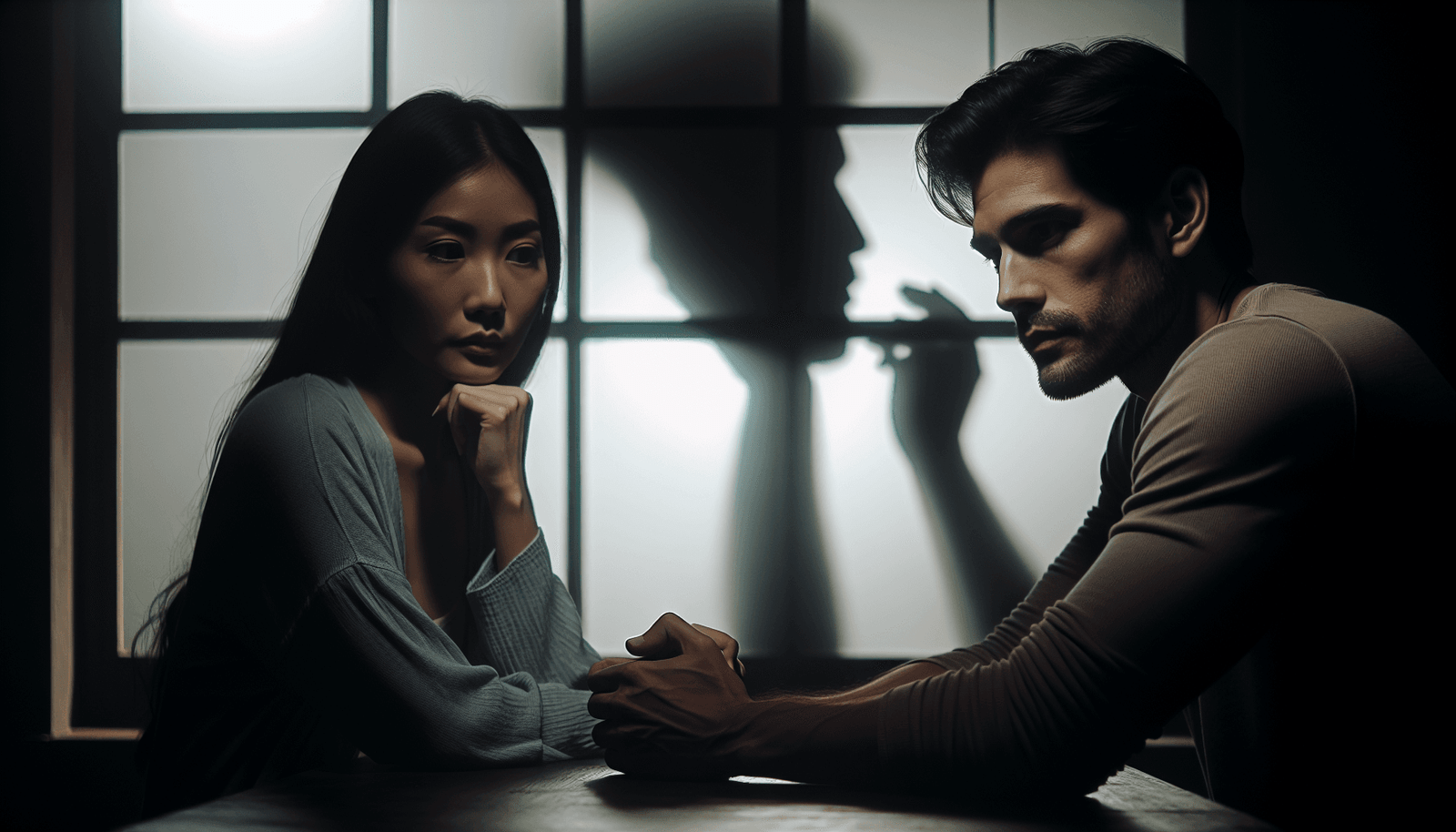 A couple sitting together, having a serious conversation about their relationship.