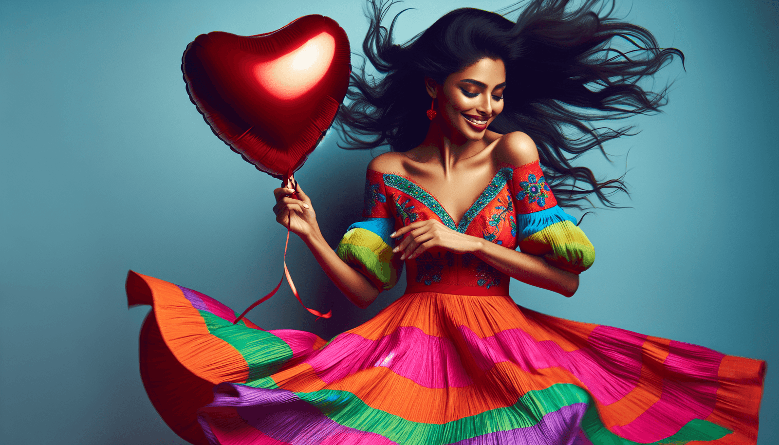 A playful image of a woman twirling with a heart balloon, capturing the whimsy of navigating intimate relationships.