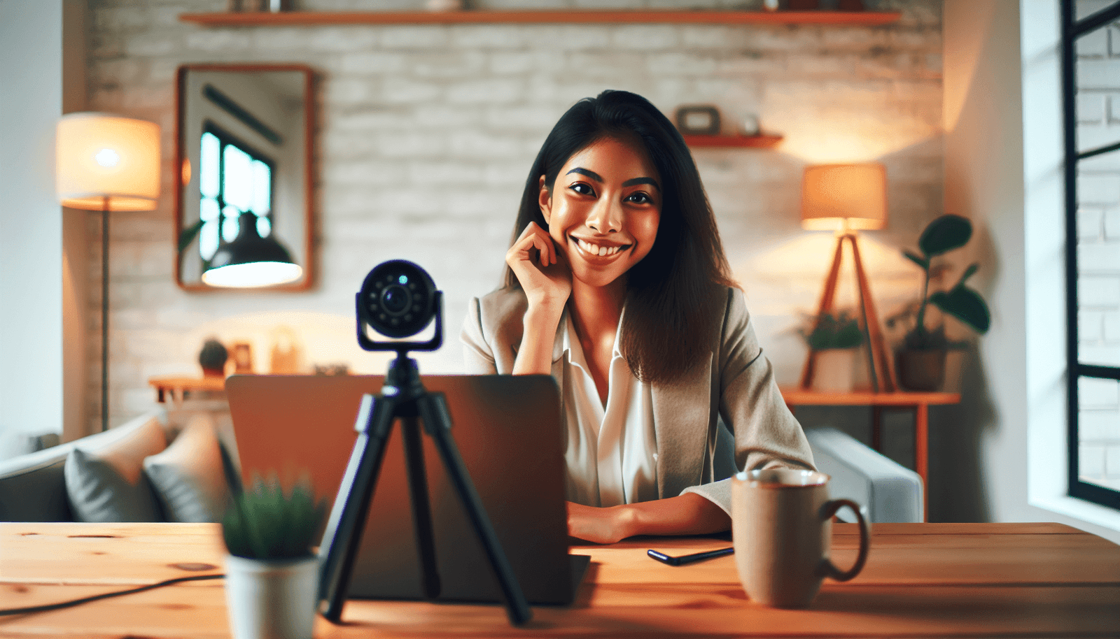 A young woman smiling confidently at her webcam in her cozy workspace.