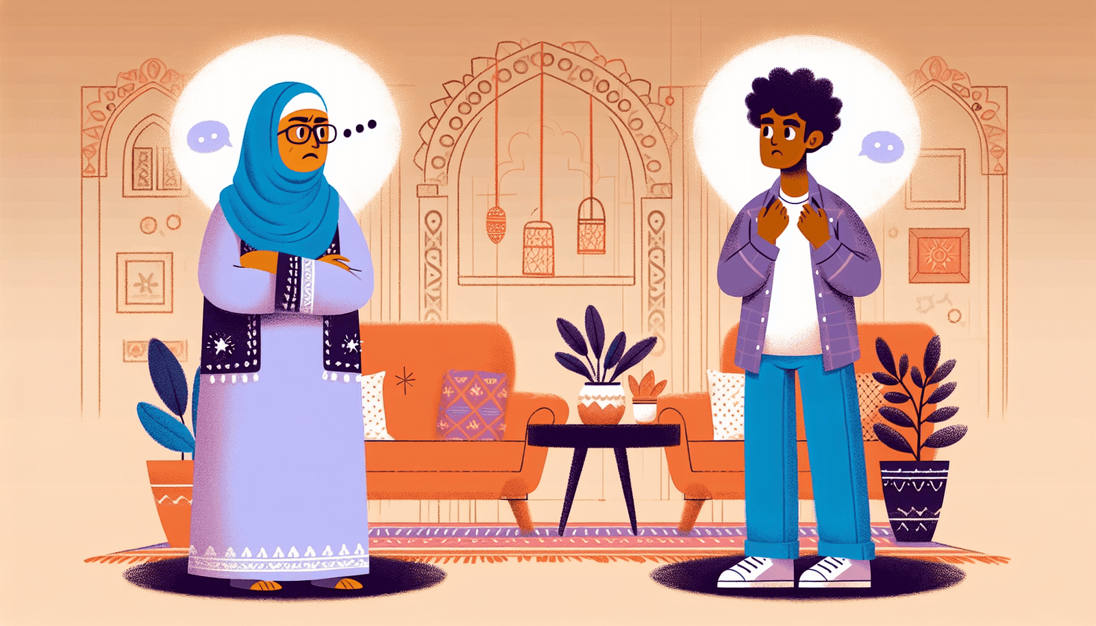 A humorous illustration showing a confused parent and a nonchalant young adult facing off over normality.