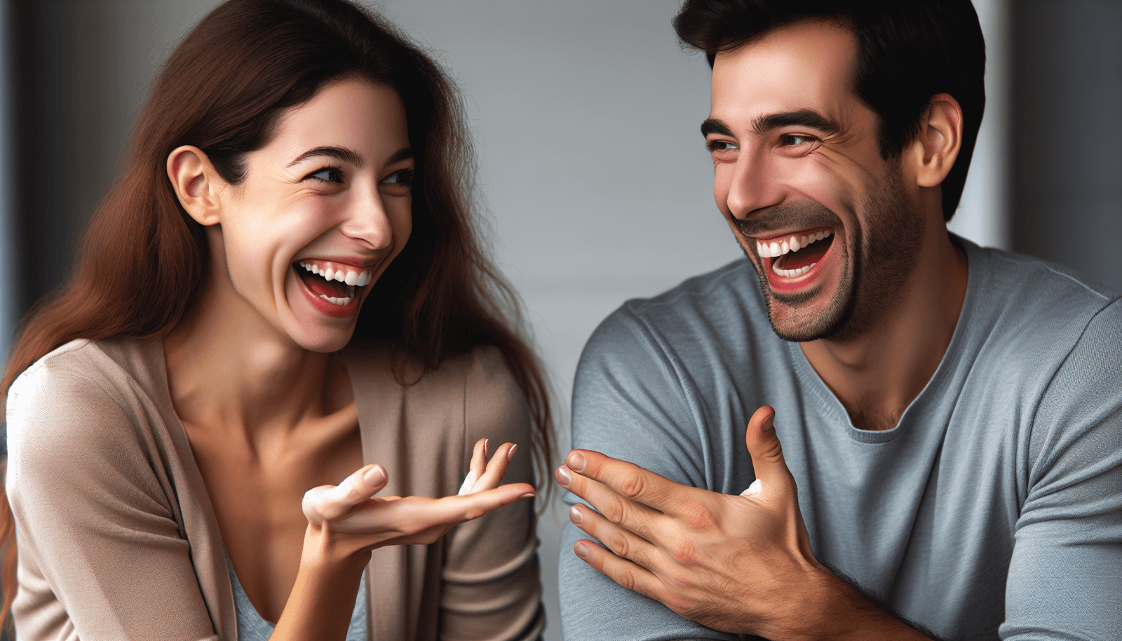 Two people enjoying a light-hearted moment while discussing compliments.