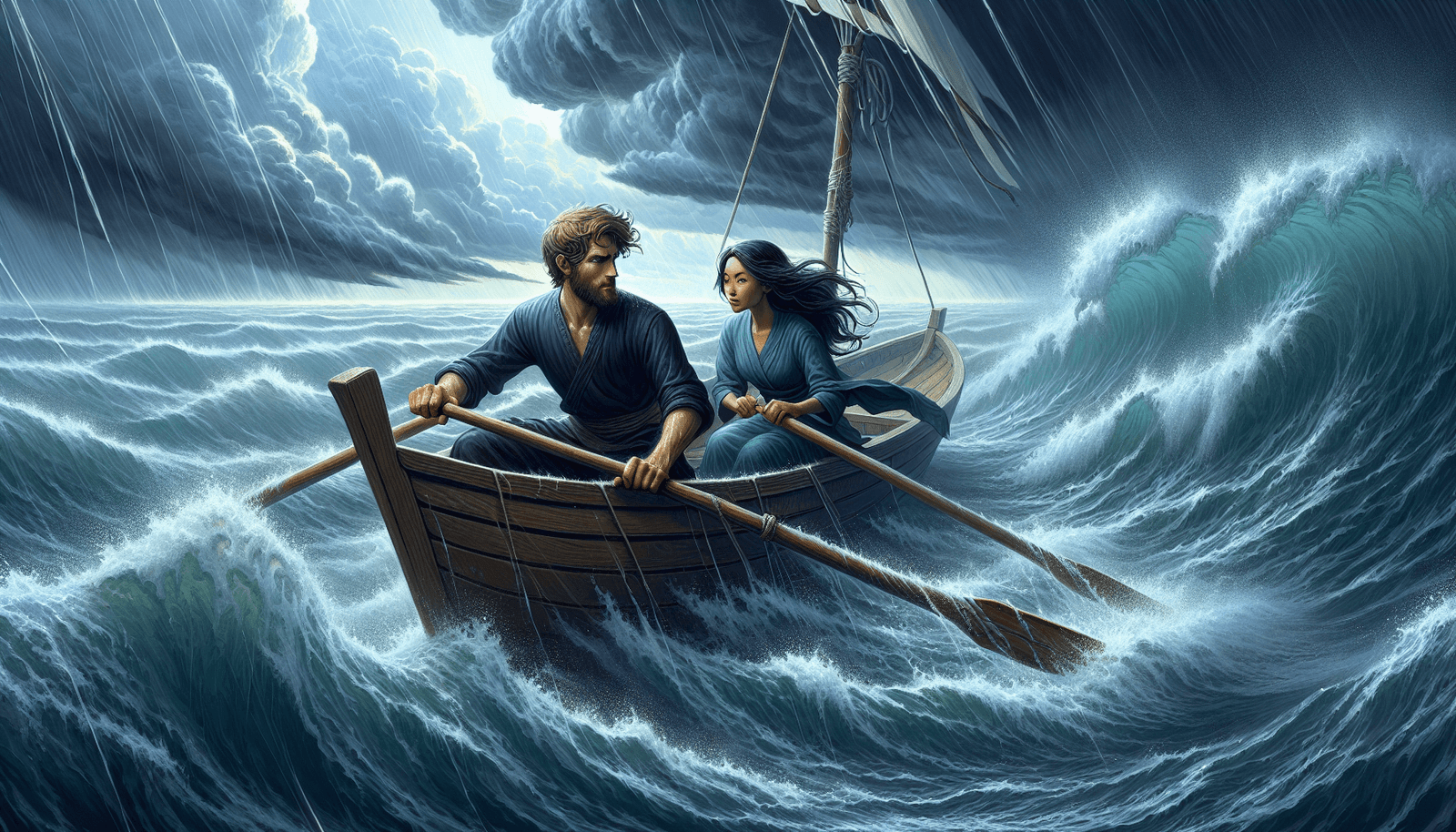 A couple navigating stormy waters together, symbolizing trust in relationships.