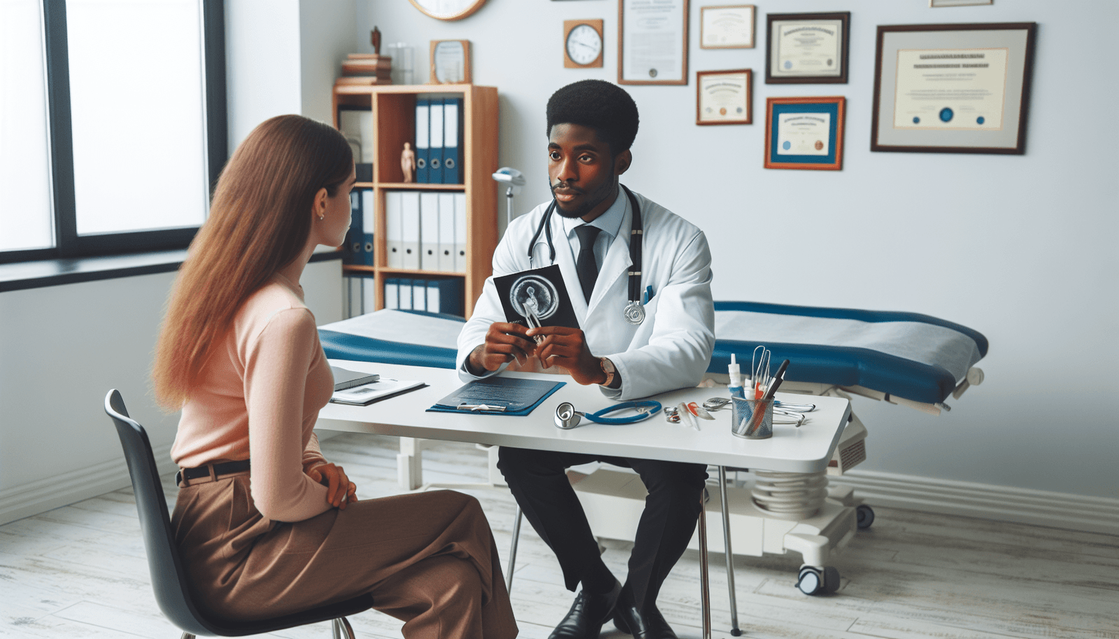 A doctor speaks with a patient about sexual health in a medical office.