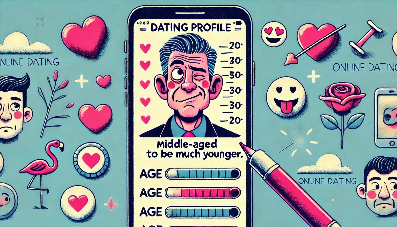Humorous illustration of a dating profile on a smartphone, featuring a middle-aged man claiming to be younger.