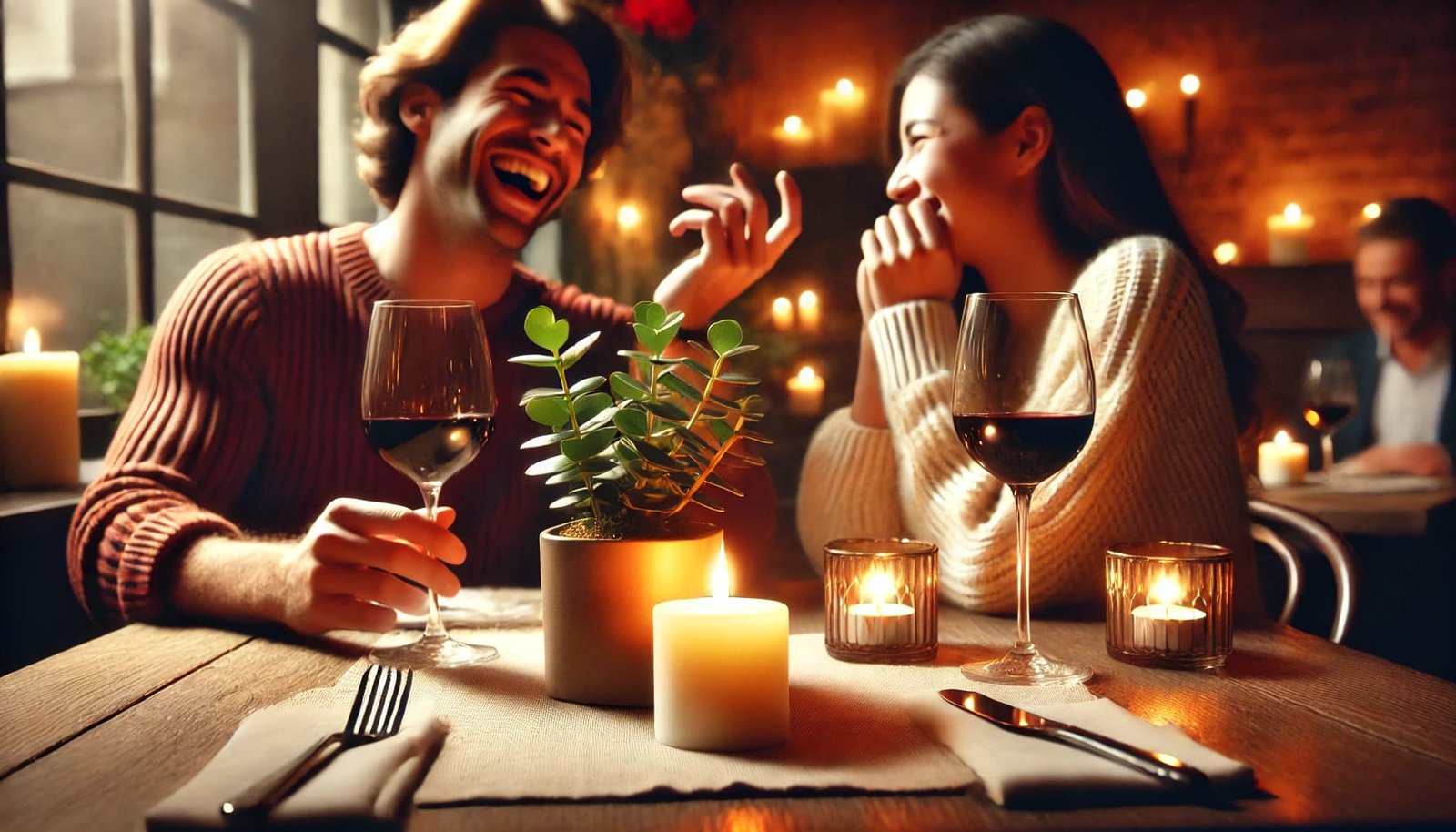 A warm restaurant scene with two wine glasses, a candle, and a potted plant, depicting a couple engaged in a lively conversation.