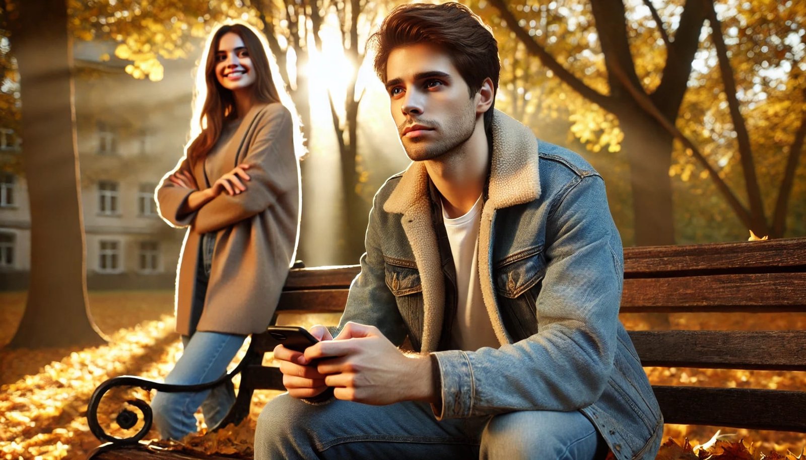A young man sits on a park bench looking conflicted, while his girlfriend stands nearby, reflecting emotional distance in an autumn setting.