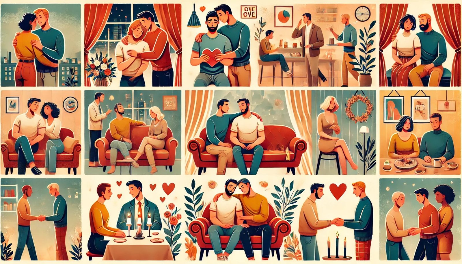 An illustration showing various roles of men in relationships, including comforting a partner, planning together, supporting at events, communicating openly, and romantic gestures, set in a cozy environment.