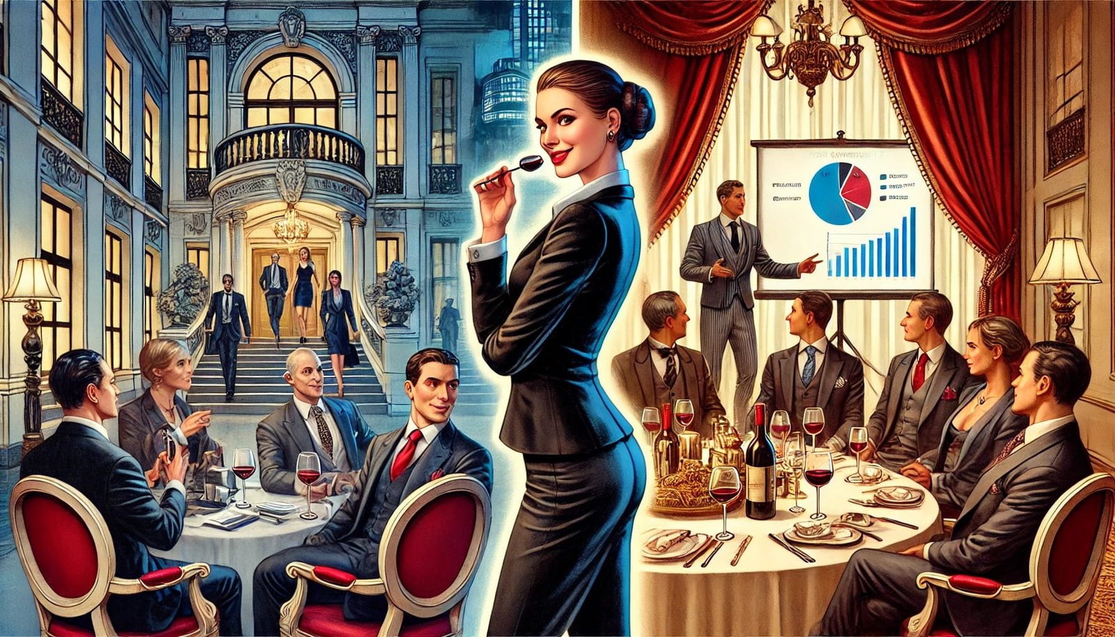 An illustration showing a luxurious hotel lobby scene with a well-dressed woman flirtatiously engaging with a male hotel staff member, set against a backdrop of a business conference room and an elegant dining setup, capturing the contrast between professionalism and personal drama.