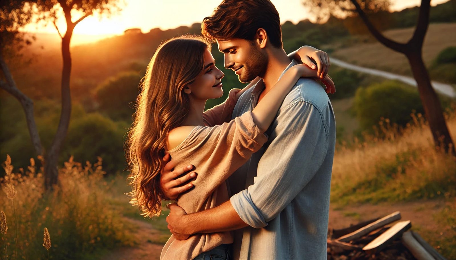 Couple leaning towards each other in a romantic setting, with a backdrop of sunset, suggesting a desire for intimacy.