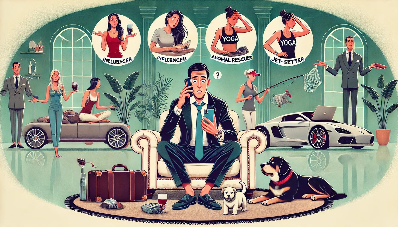 Humorous scene of a millionaire surrounded by ghostly images of girlfriends leaving as they discover he wants them to keep working.