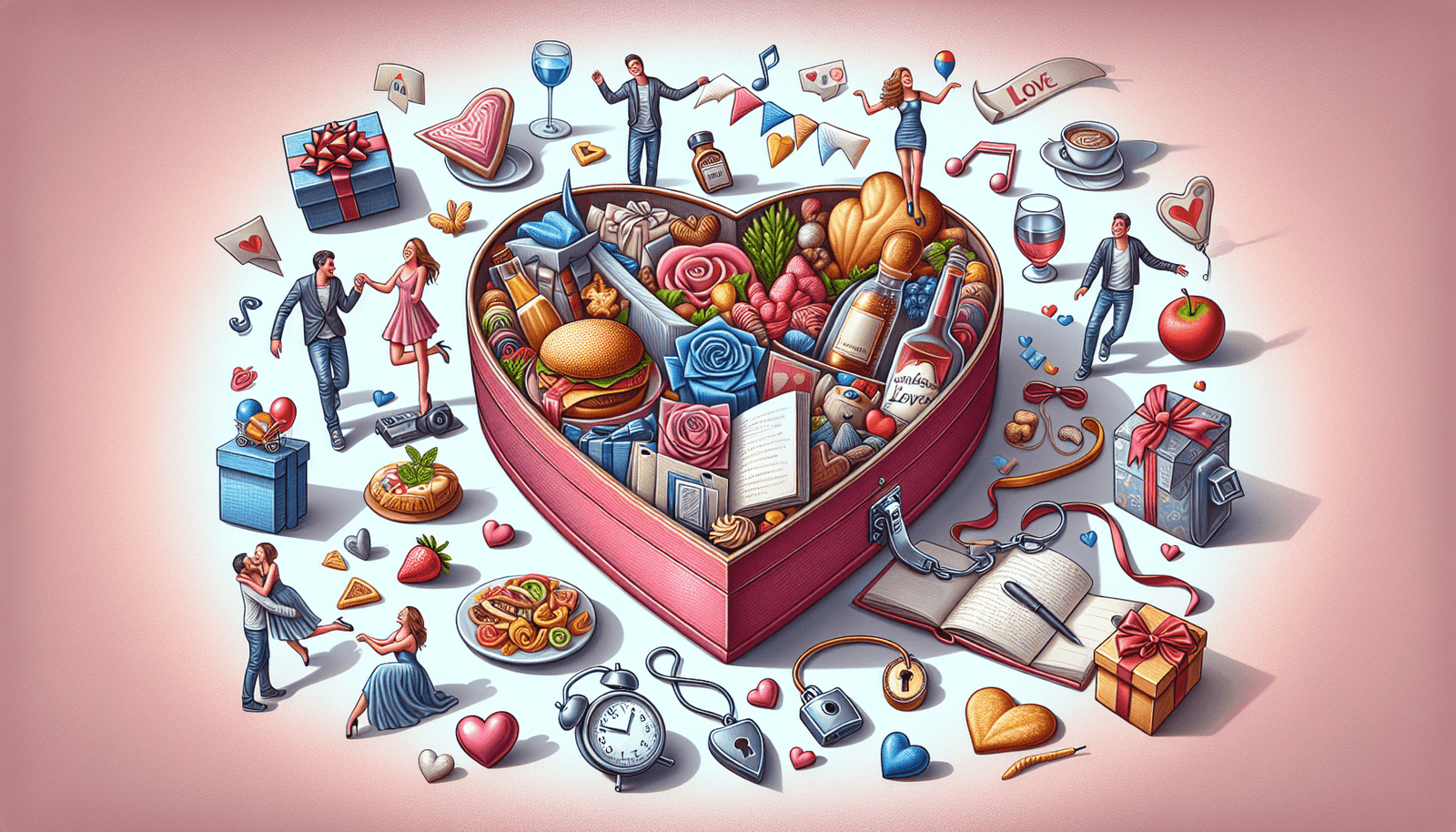A whimsical illustration depicting a couple in a cozy kitchen, surrounded by various love-related icons like hearts, secret notes, and cooking utensils, showcasing the lighthearted side of romance.