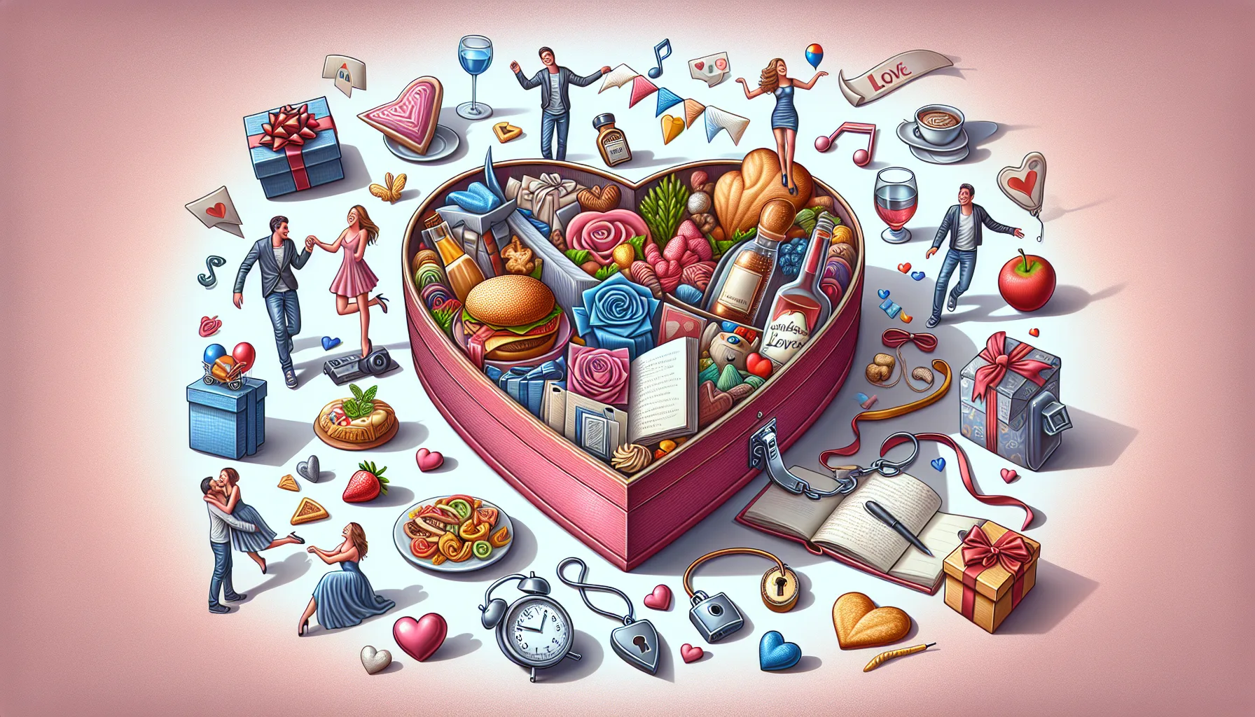 A whimsical illustration depicting a couple in a cozy kitchen, surrounded by various love-related icons like hearts, secret notes, and cooking utensils, showcasing the lighthearted side of romance.