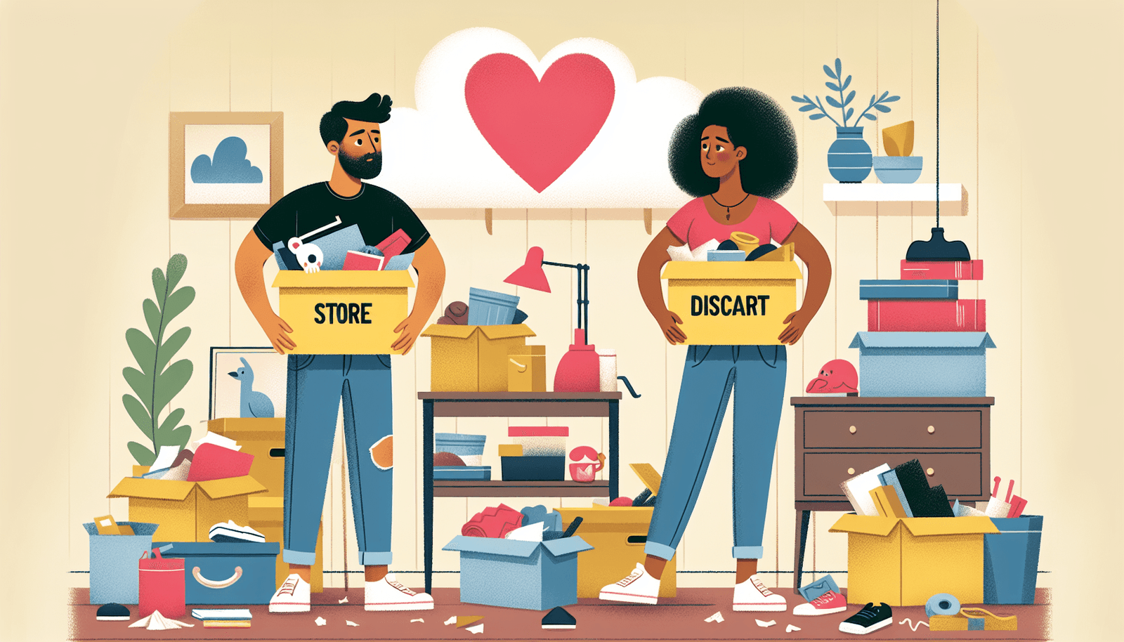 A couple collaborating on cleaning tasks in their living room.