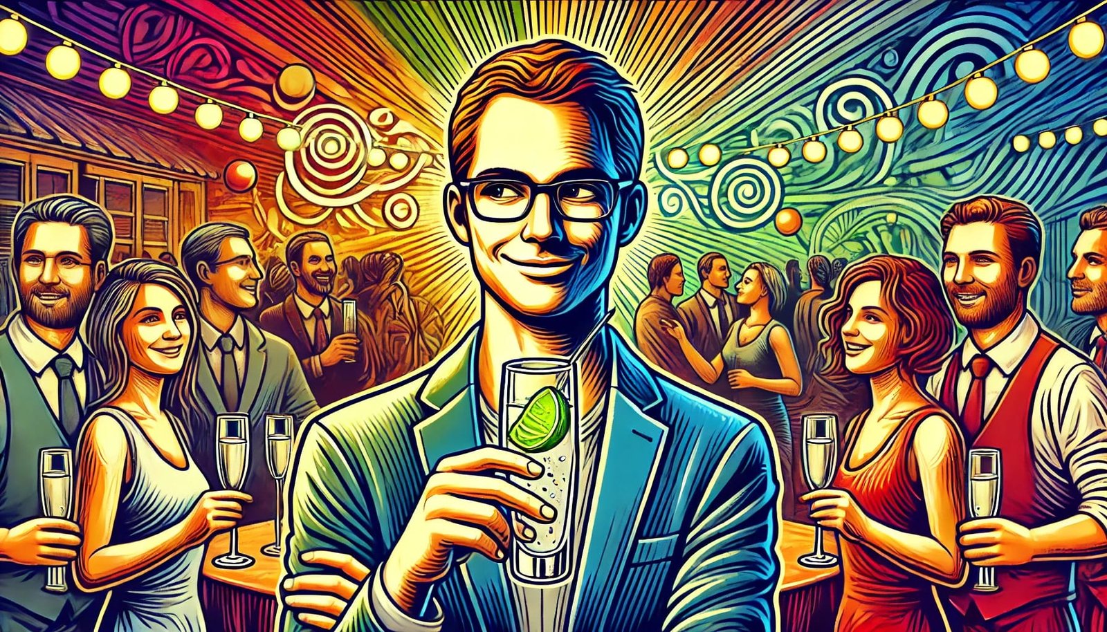 A humorous illustration of a man dressed as Batman at a party, holding a non-alcoholic drink.
