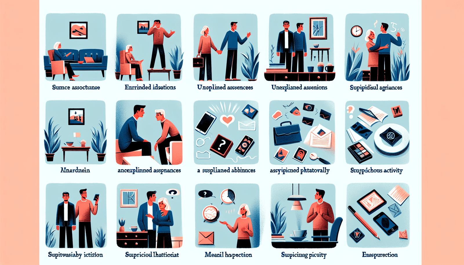 A visual representation of signs indicating infidelity in a marriage.