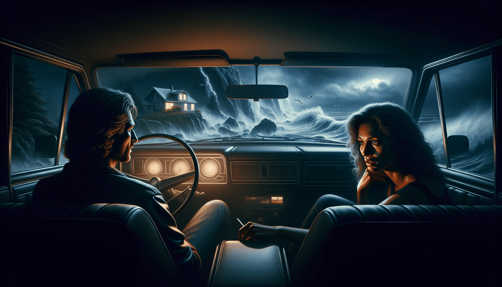 A couple having a humorous discussion in a car.