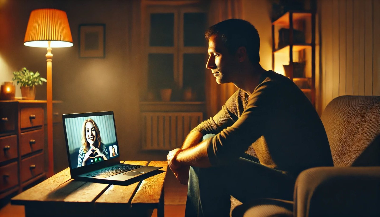 A lonely man video chatting with a live cam model, feeling engaged and connected.