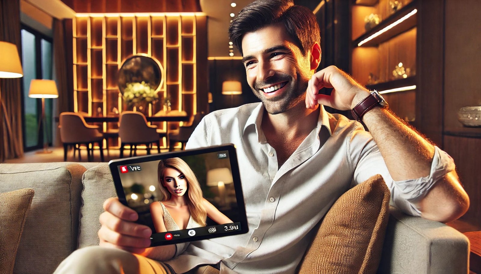 A confident man relaxing on a luxurious couch, enjoying a live cam chat on his tablet in an inviting atmosphere.
