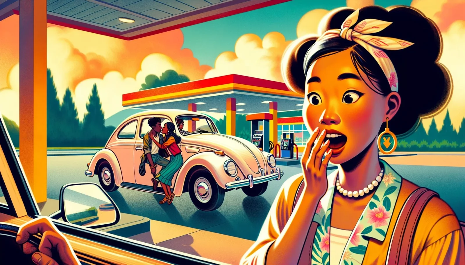 A woman observing a couple kissing in a car at a gas station.