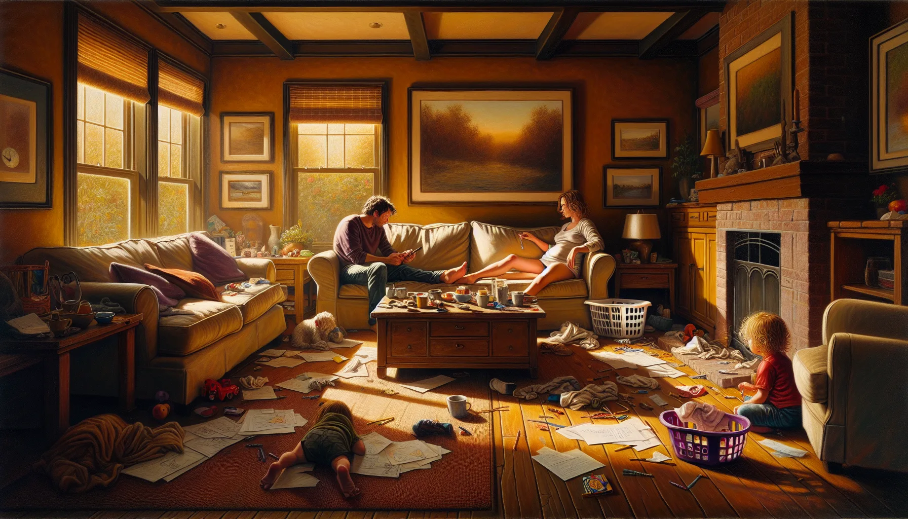A family of three in a small, cluttered apartment, surrounded by toys and household items.