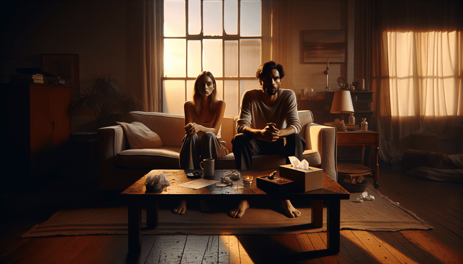 A couple seated in a living room having a serious discussion, emotions evident on their faces.