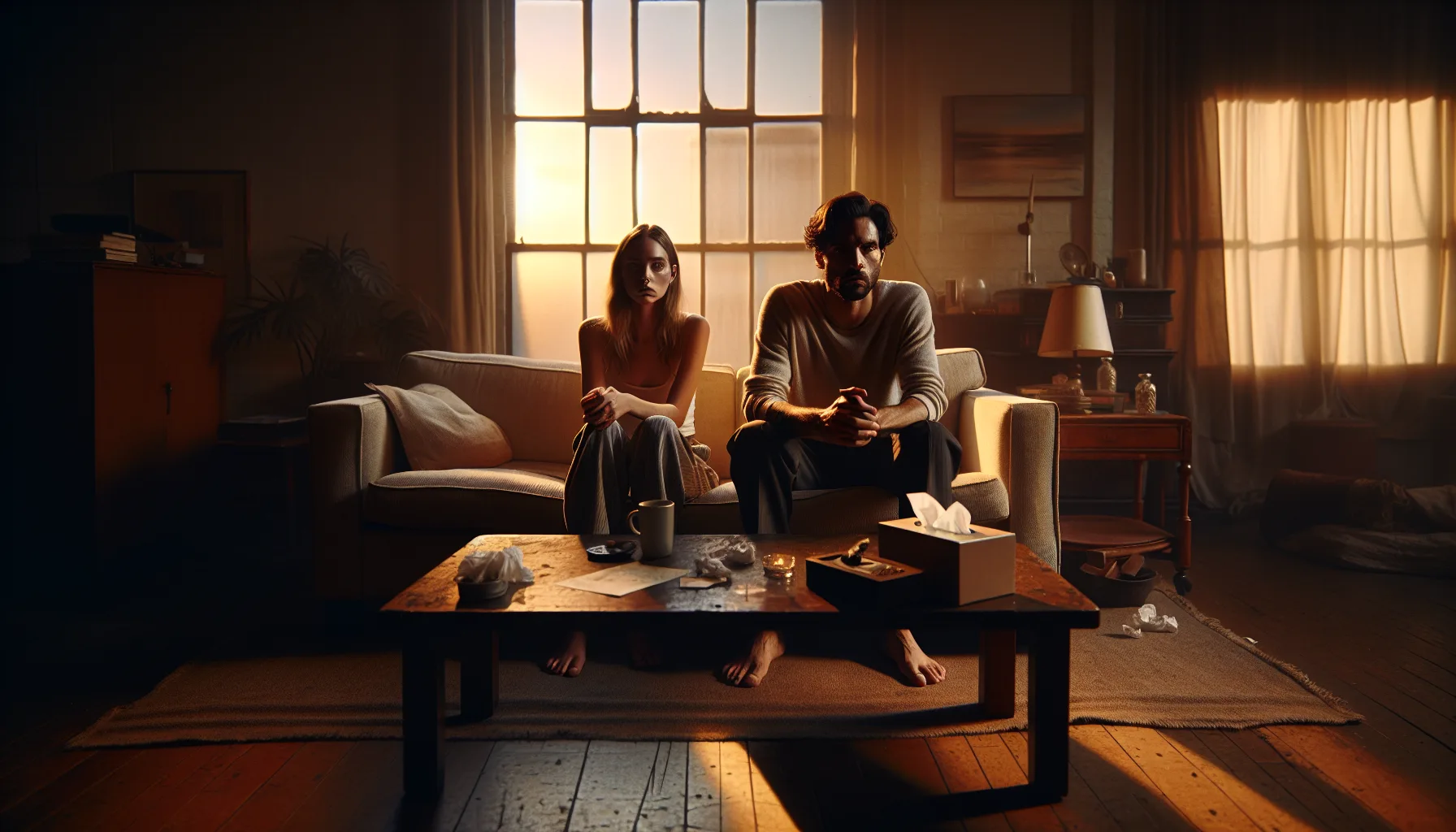 A couple seated in a living room having a serious discussion, emotions evident on their faces.