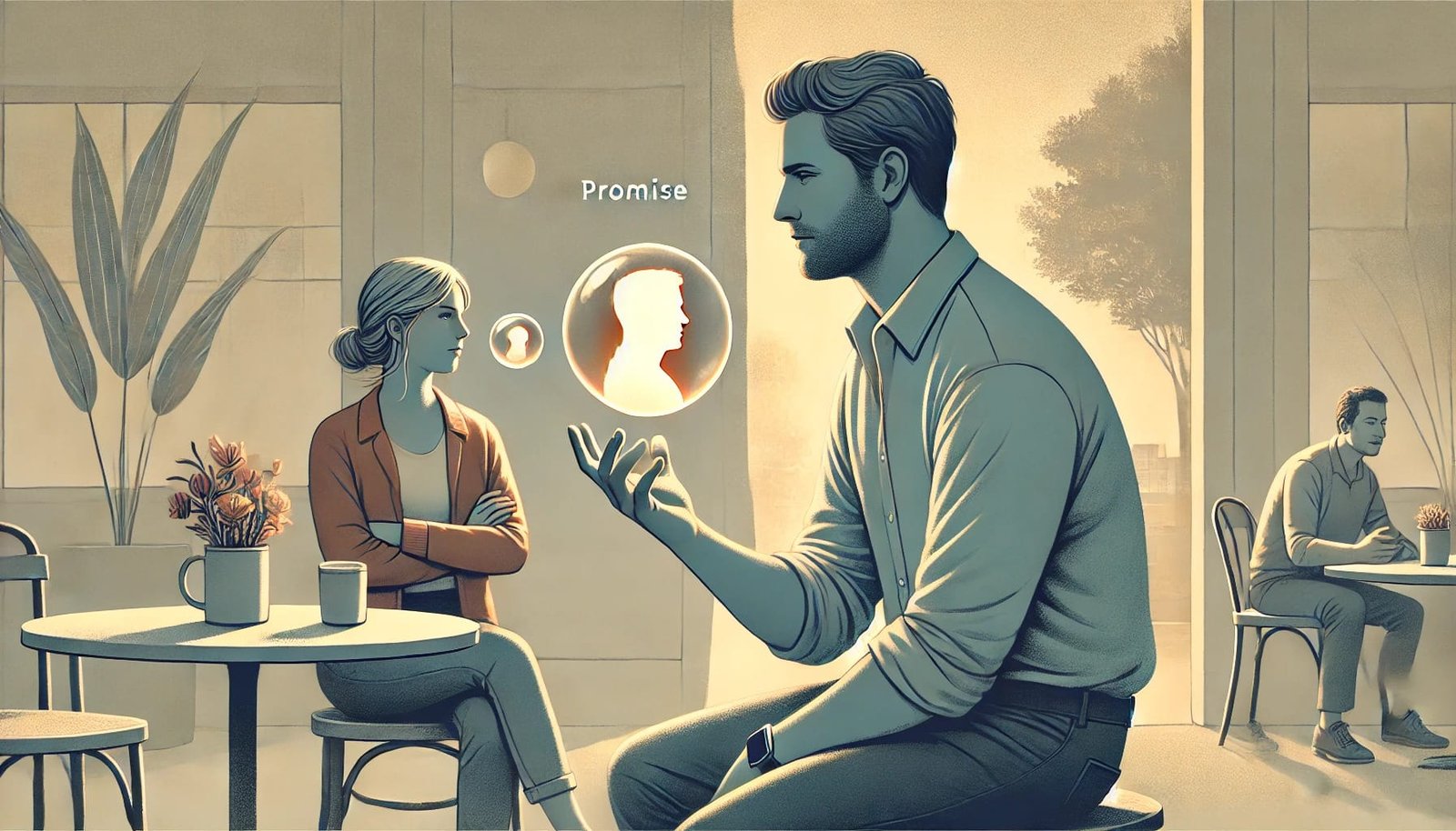 Minimalistic artwork of a man holding a glowing bubble while speaking, with a woman nearby listening calmly; symbolizes promises and ego in a peaceful everyday setting.