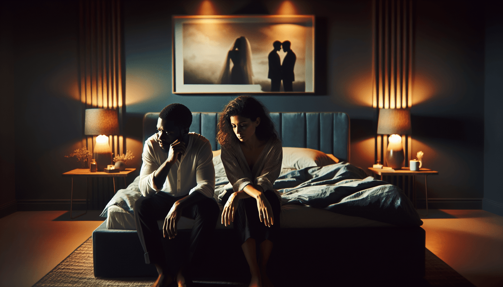 A couple having a serious conversation on a couch.
