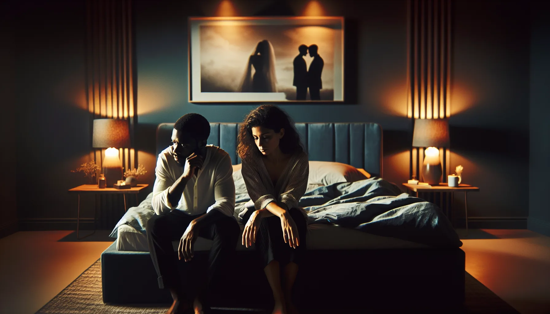 A couple having a serious conversation on a couch.