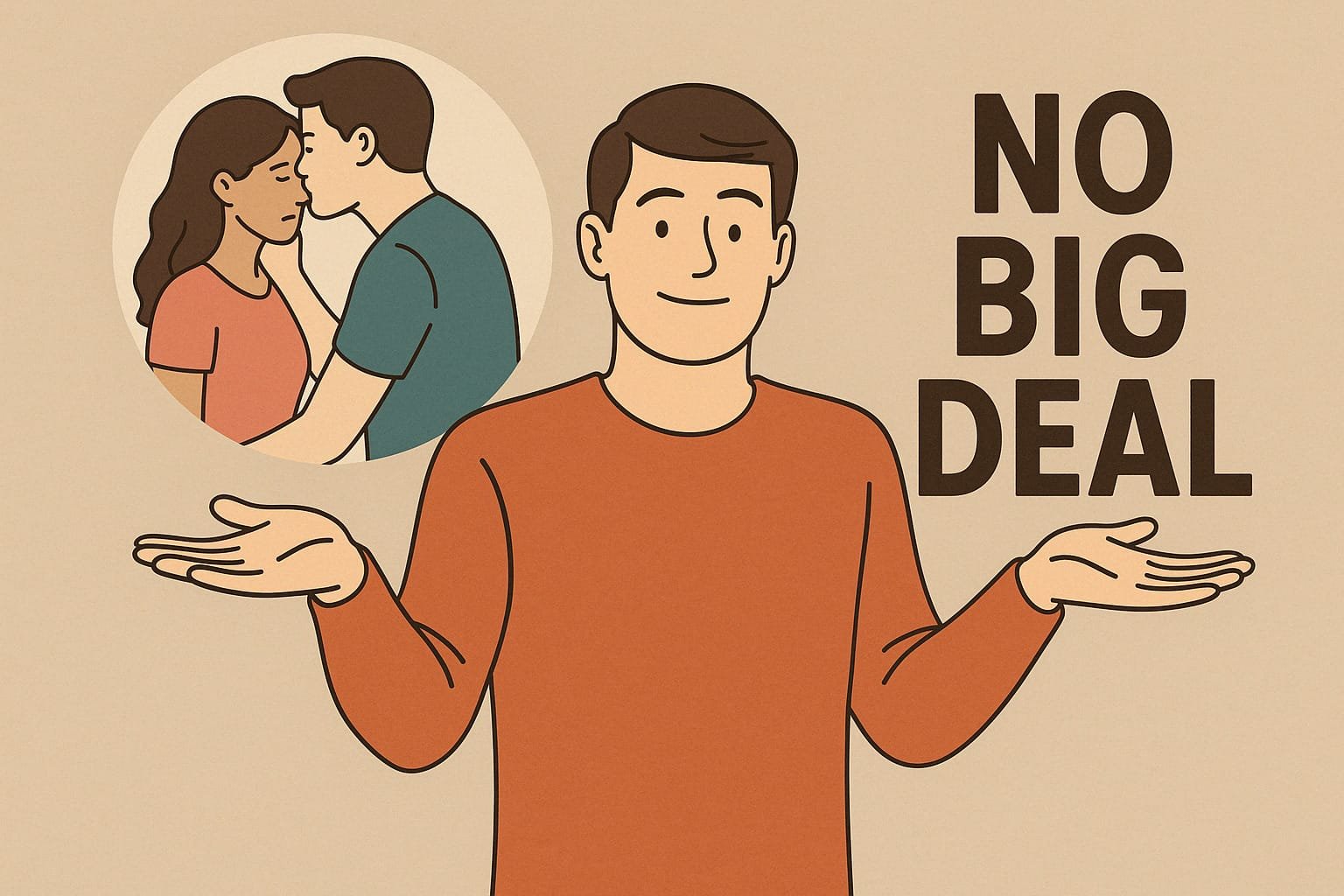 Cartoon man shrugging with a smile while a couple kisses in the background, with the phrase “No Big Deal”