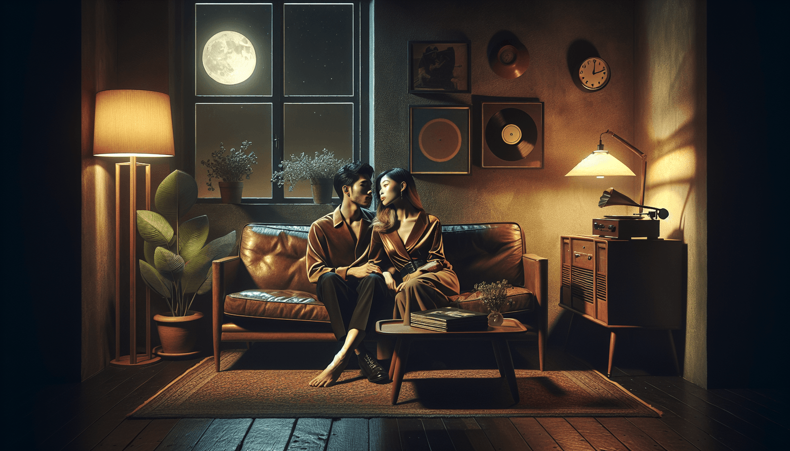 A couple leaning in for a first kiss under soft lighting.