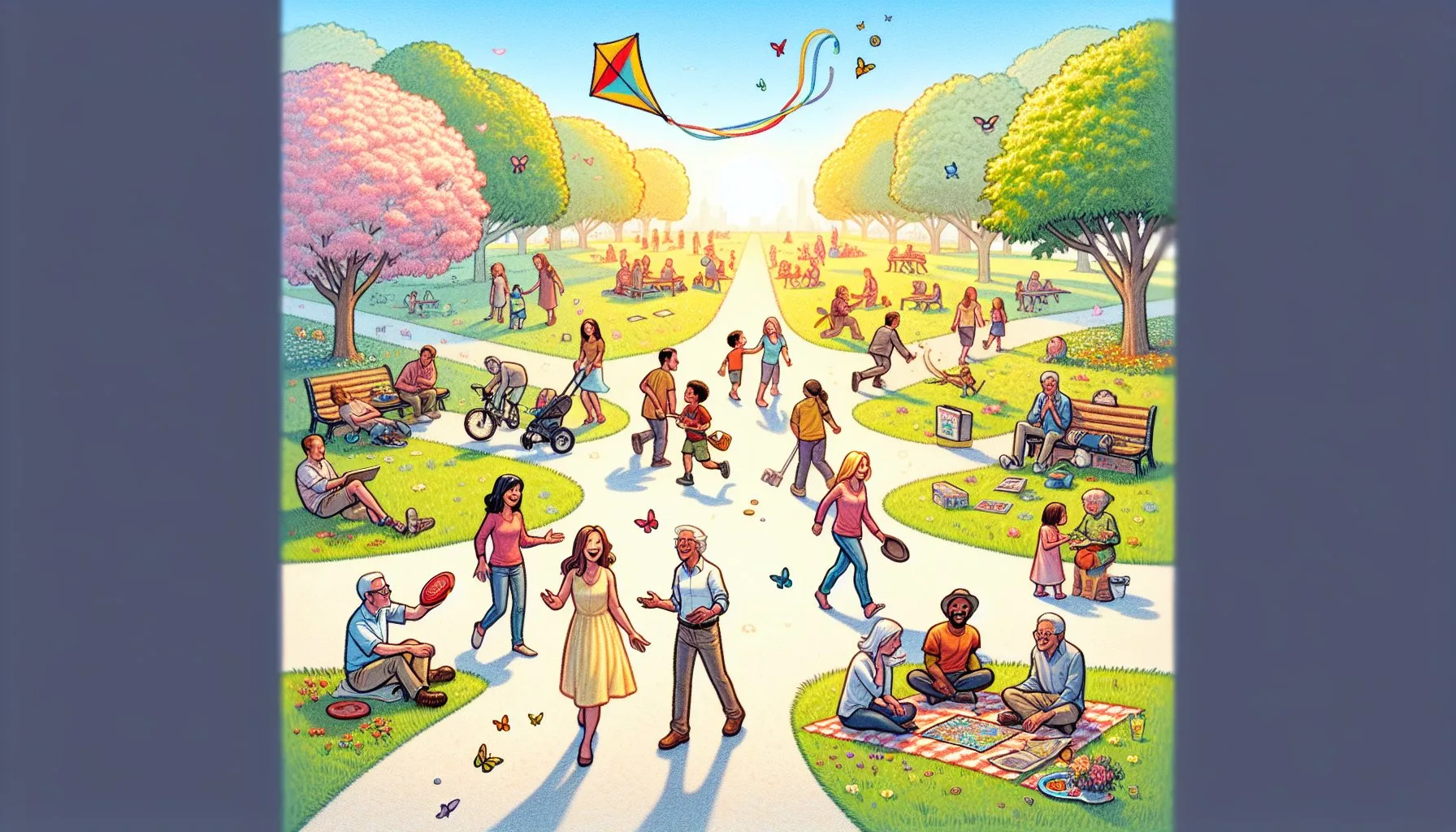 A person looking thoughtfully at a group of friends in a park, symbolizing choices after divorce.