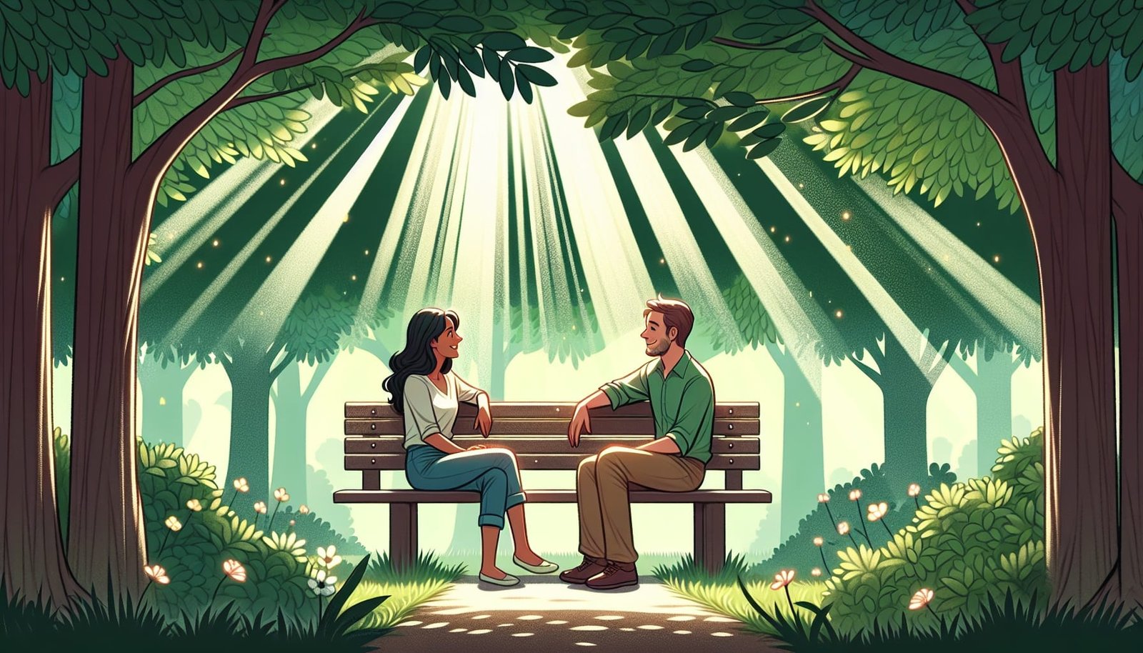 An ex-couple sitting on a park bench, sharing a friendly conversation.