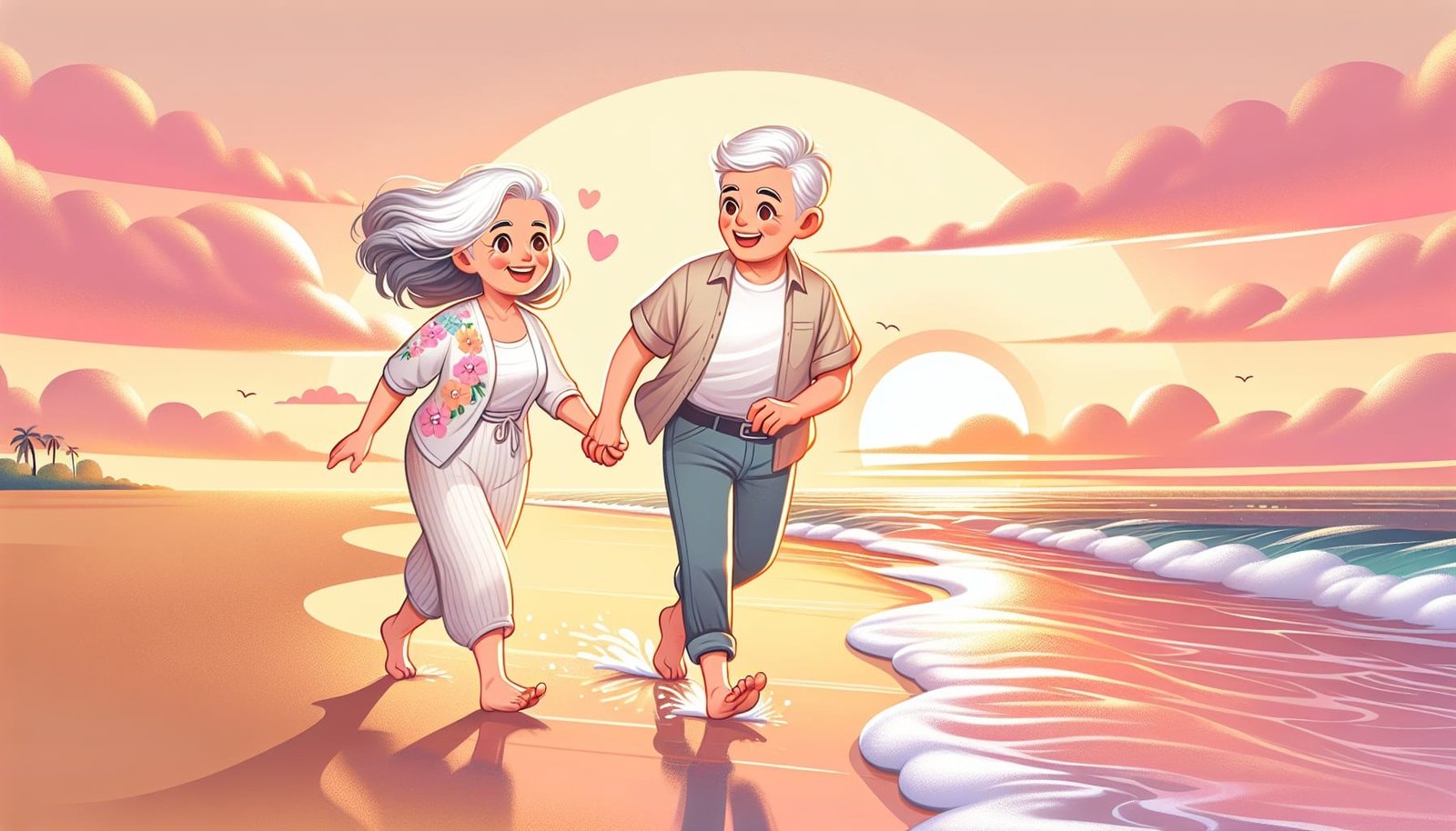 Older woman and younger man walking at sunset, expressing love.