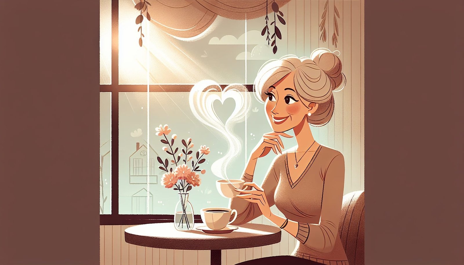 A mature woman smiling with a coffee cup, pondering dating in her 40s.
