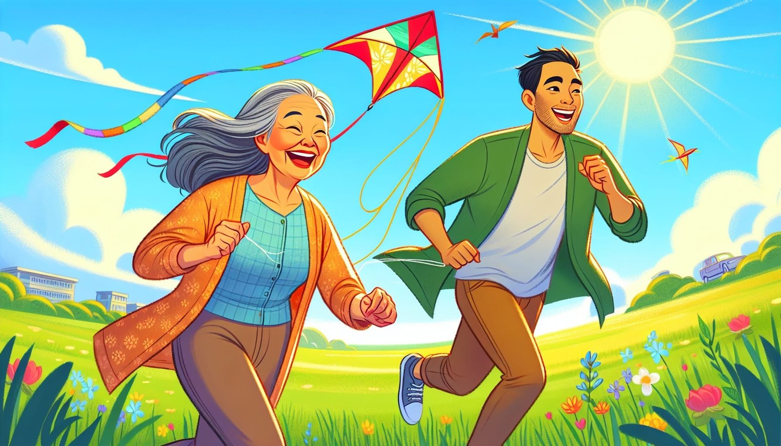 A happy couple of different ages enjoying a day outdoors.