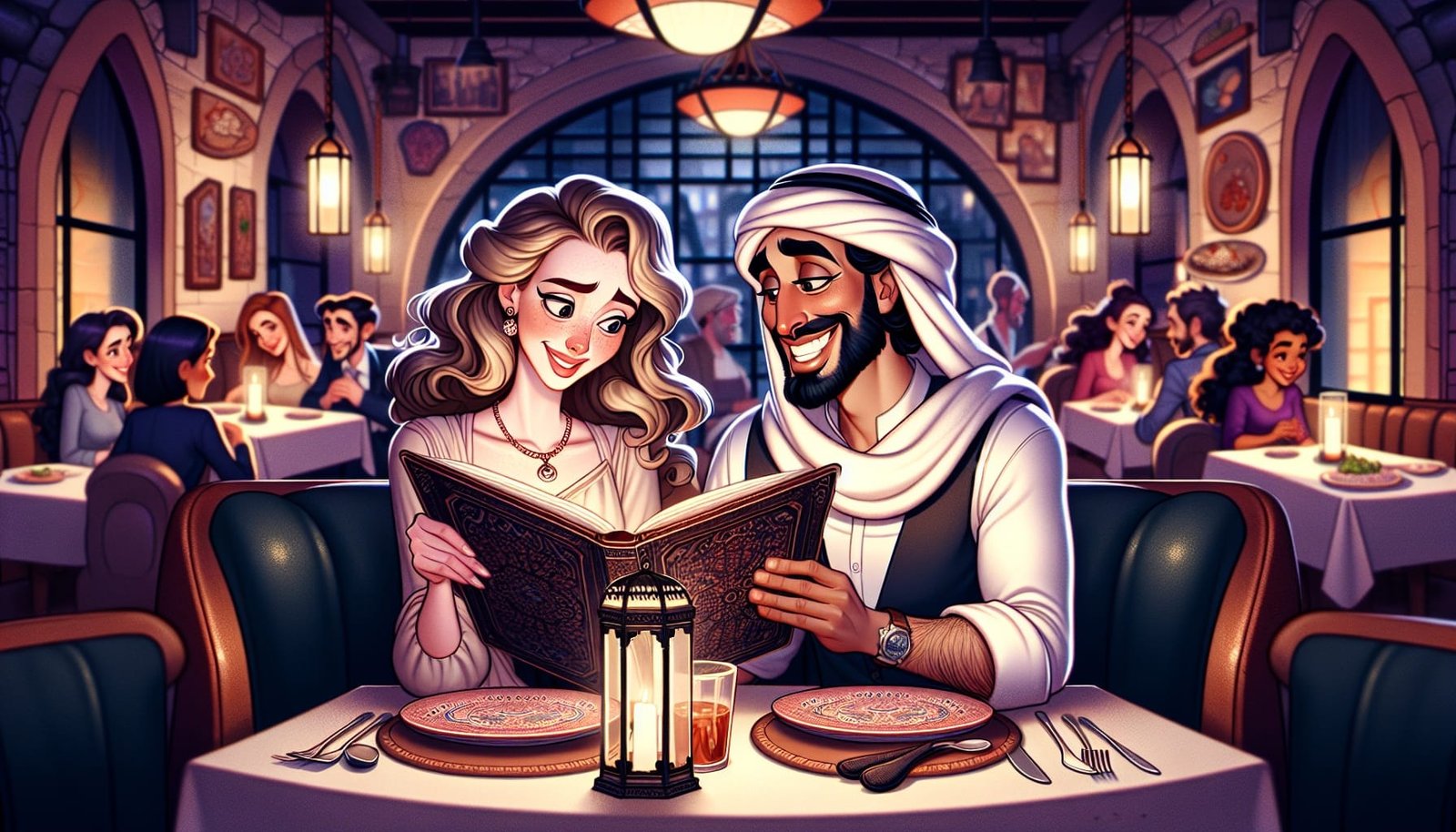 A couple on a date, looking at a menu in a restaurant.