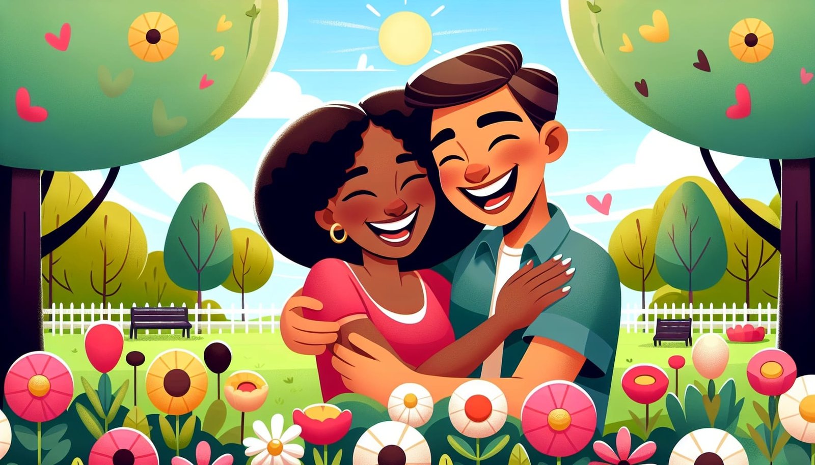A man and woman embracing warmly on a date, both smiling.
