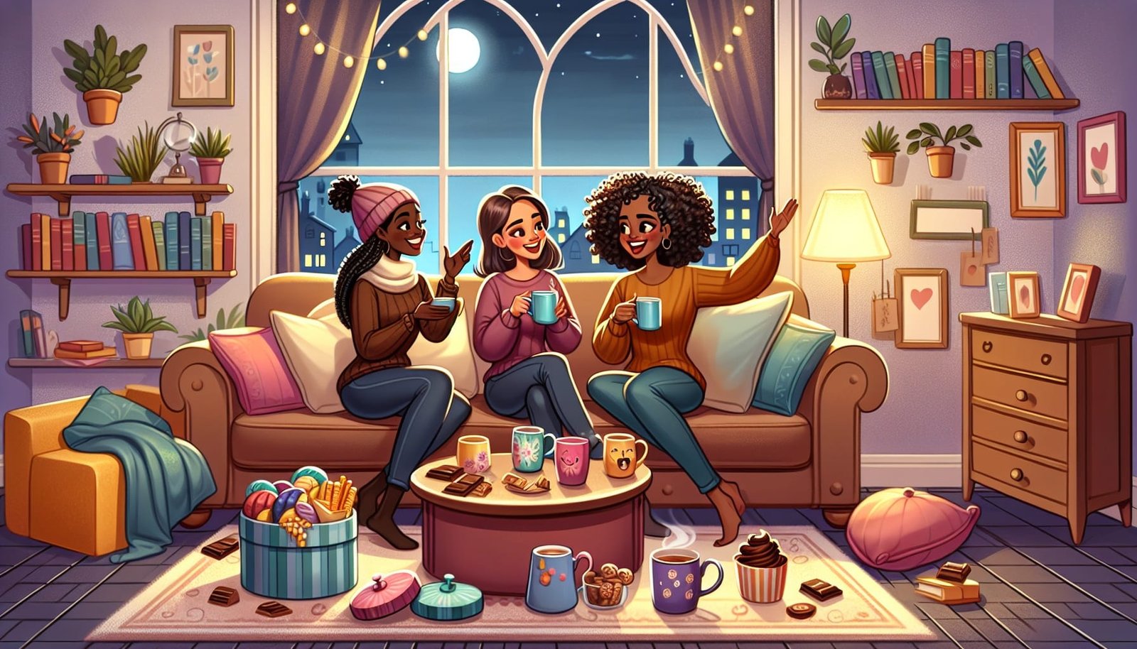 Women sitting in a cozy living room, laughing and sharing stories.