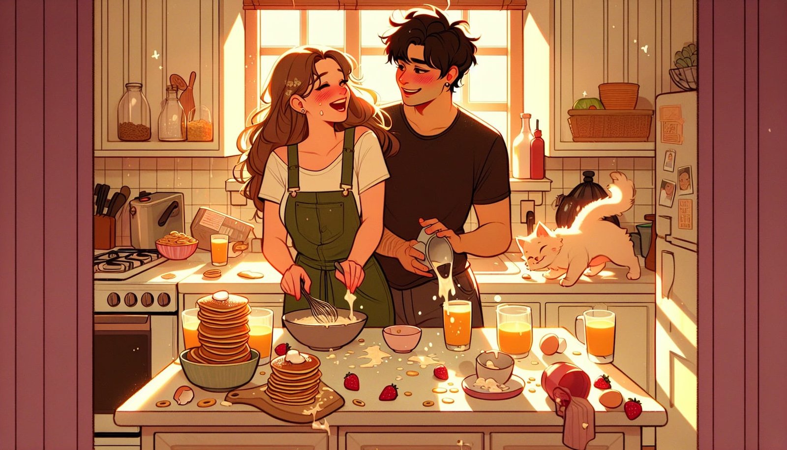 Two friends in a kitchen, hinting at newfound love amidst breakfast chaos.