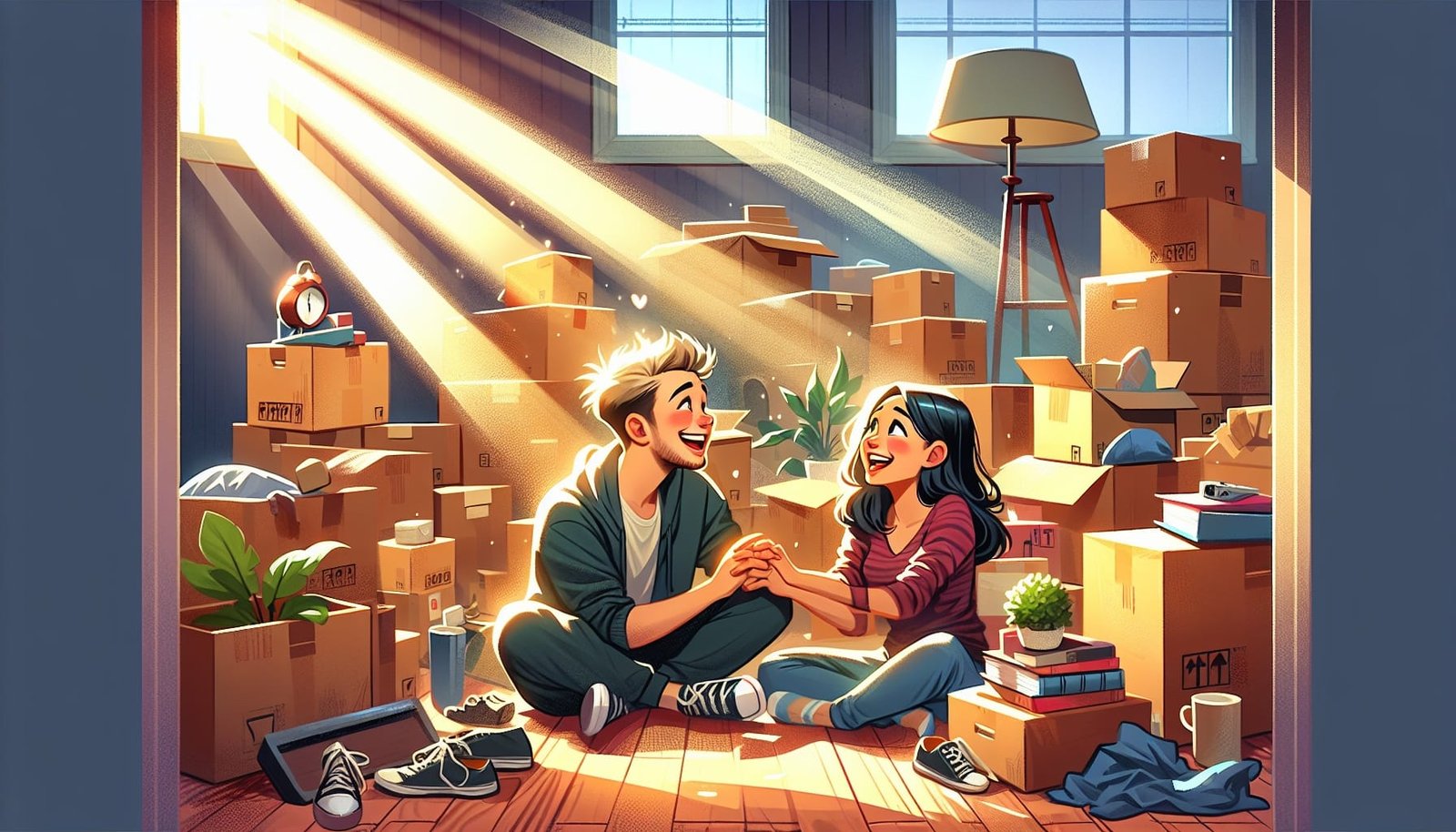 Couple sitting among moving boxes, sharing a laugh.