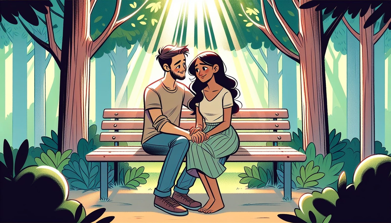 A couple sitting together, holding hands and sharing a quiet moment.