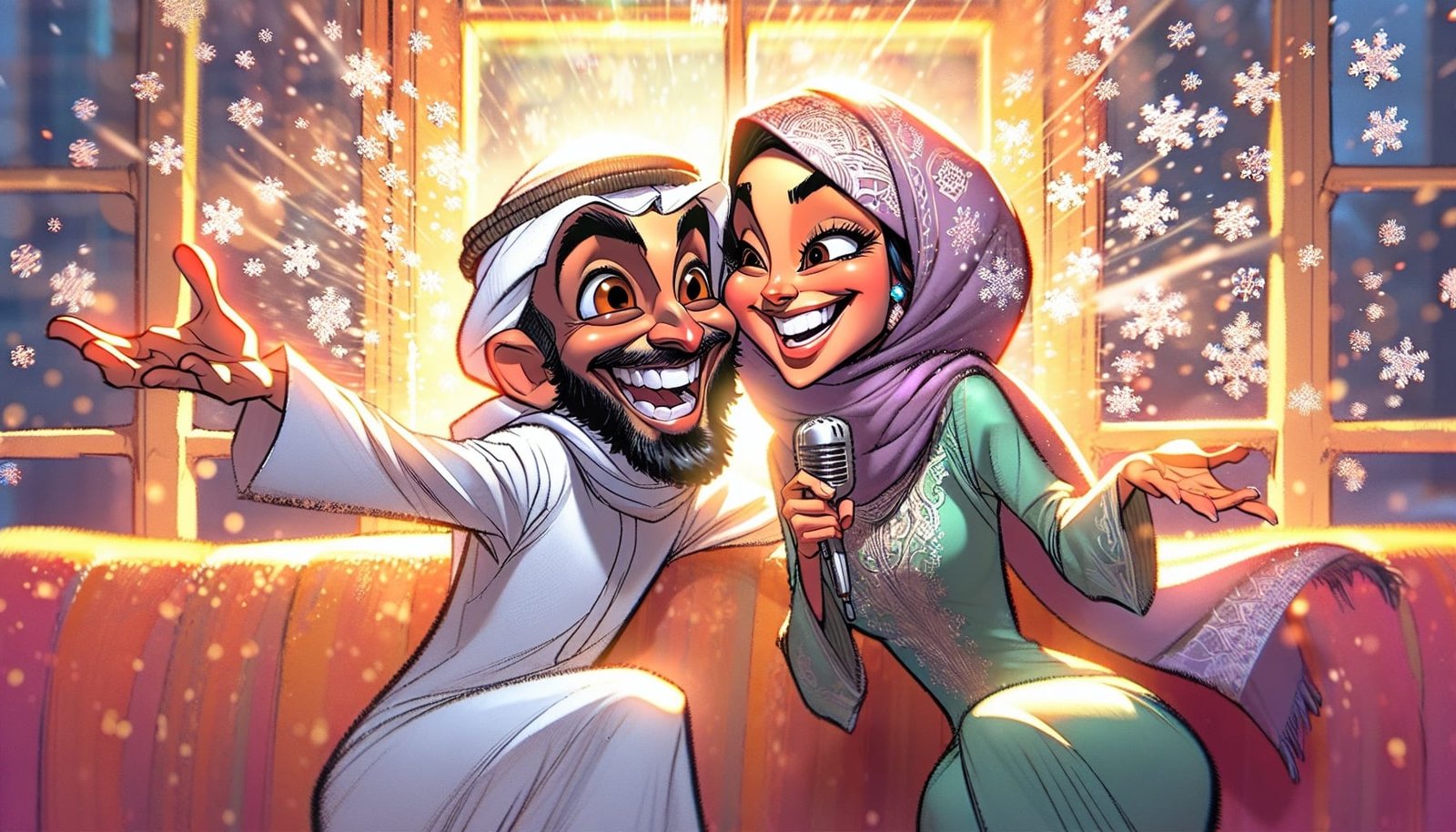 A couple smiling and playfully attempting a snowball kiss, surrounded by laughter.